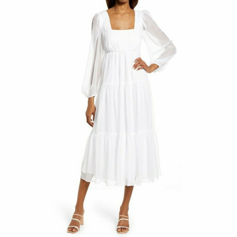 Chelsea Long Sleeve Chiffon Retro Midi Dress in white